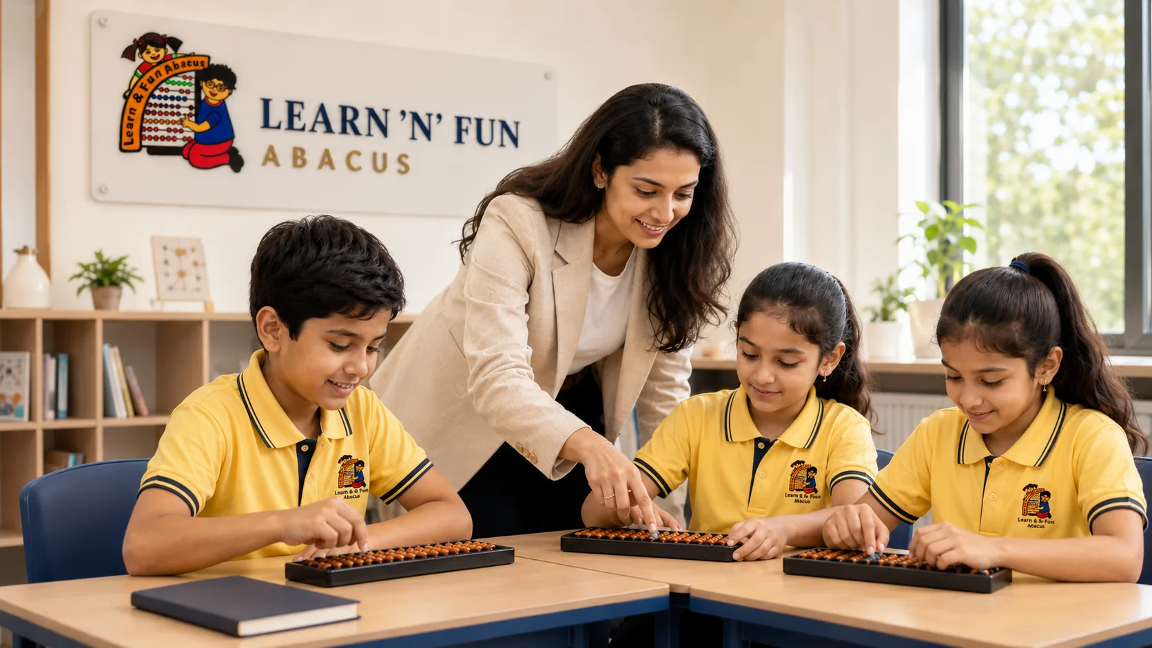 Teacher guiding yellow-uniform students practising abacus in a classroom