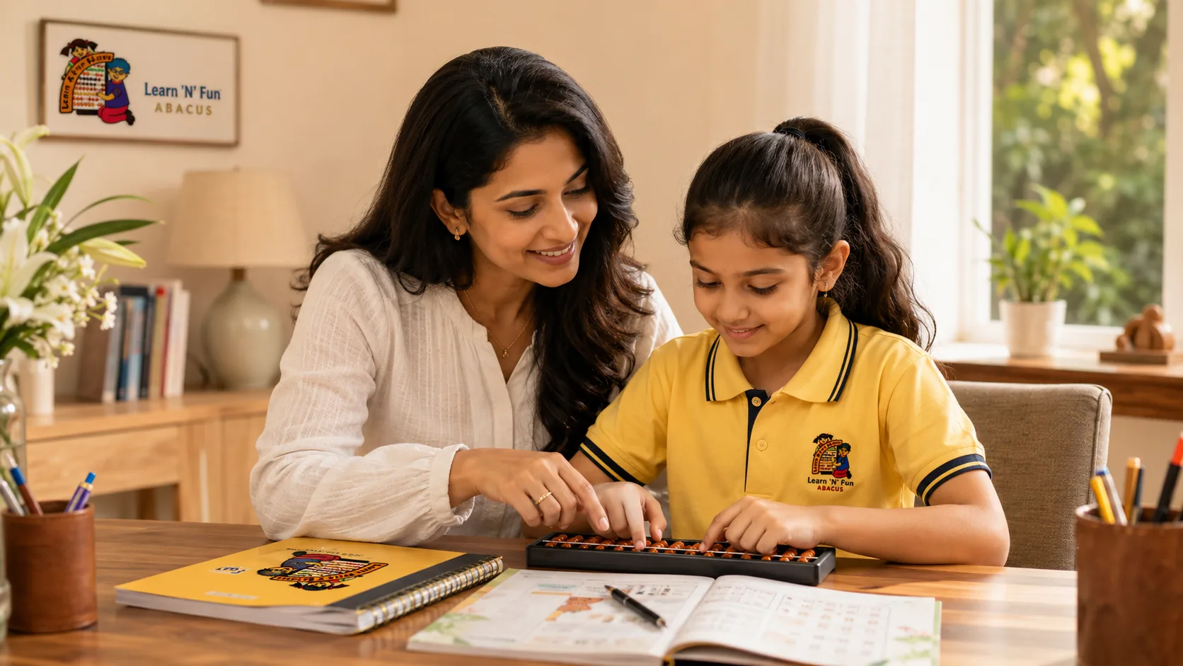 Parent helping child practise abacus at home