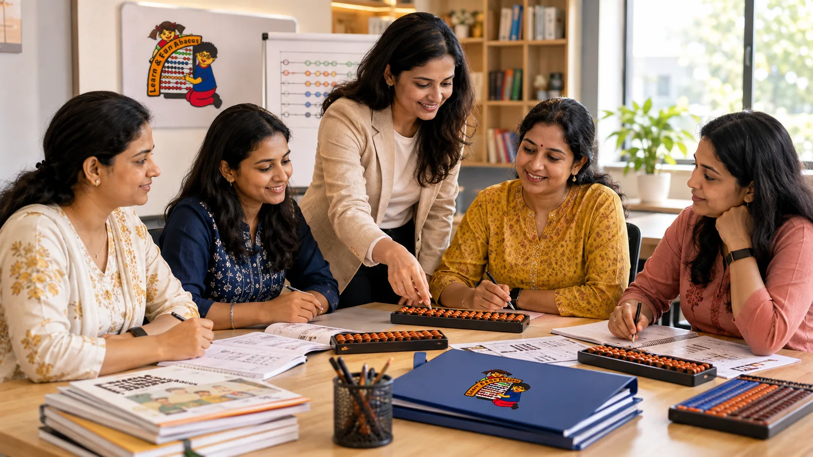 Teacher training session with abacus and workbook material