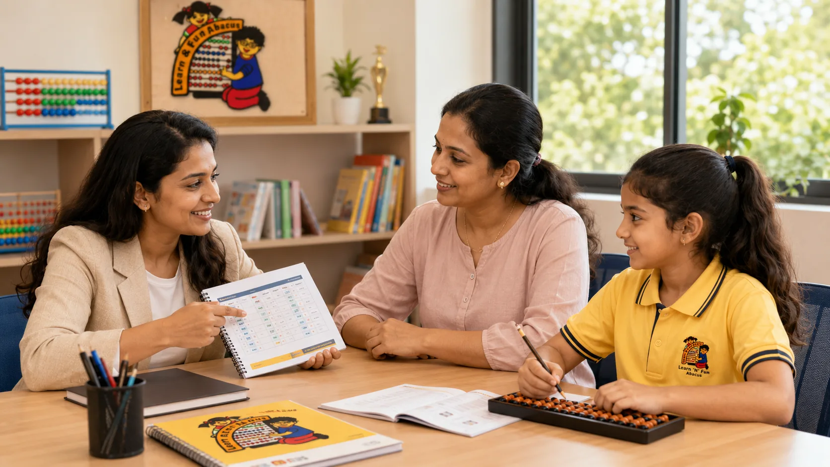 Parent progress discussion with abacus material