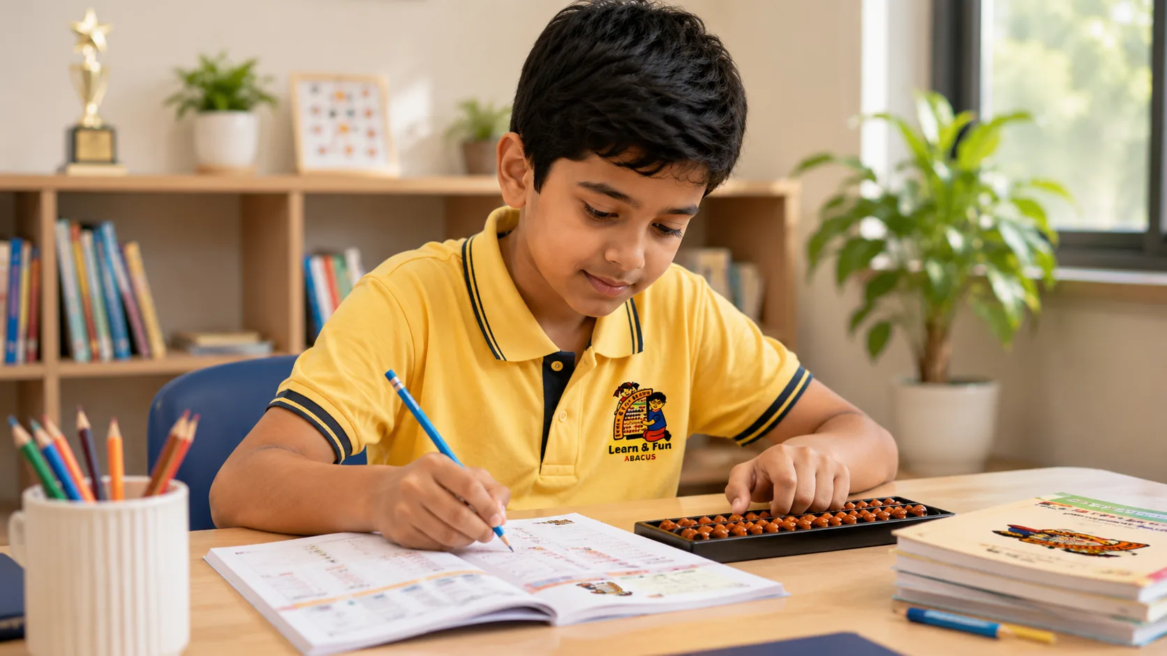 Student completing structured abacus worksheet practice