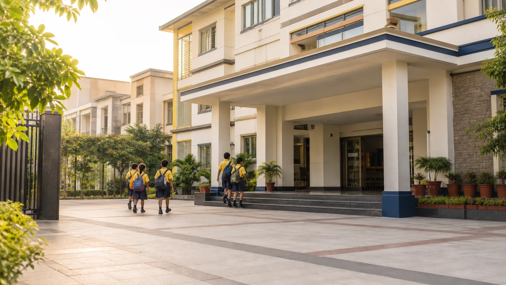 Indian school exterior with yellow-uniform students